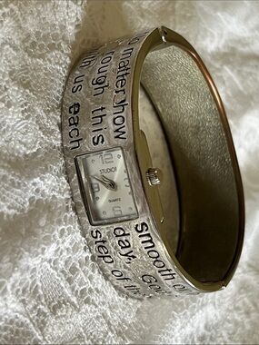 Studio Silver-tone Text-Engraved Cuff Watch